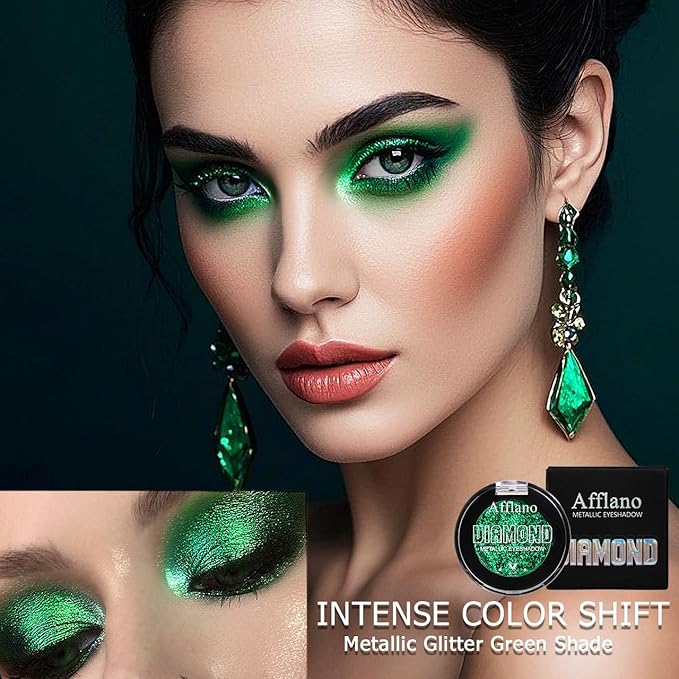Afflano Green Glitter Eyeshadow Makeup, Chrome Emerald Green Eyeshadow palette Instant Color, Highly Pigmented, Metallic Viridian Shimmery Eye Shadow for St Patricks Wicked Sparkle Eye Face Makeup