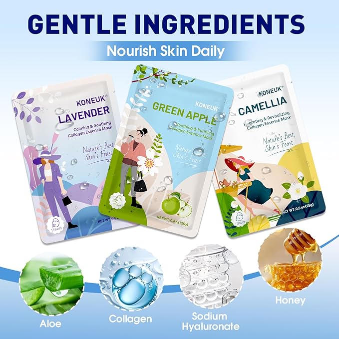 KONEUK 9 Pack Hydrating Face Masks Skincare, Bulk Sheet Face Mask for Dry Skin, Collagen Facial Masks Spa Gifts for Women Skin Care, Mothers Day Gifts for Mom, Teacher Gifts and Nurse Gifts