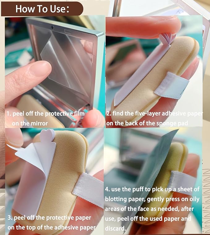 Blotting Papers for Face with Mirror and Puff, 100 Count Bamboo Charcoal Oil Blotting Sheets for Oily Skin, Portable Compact for Purse, Travel, and On-the-Go Touch-Ups
