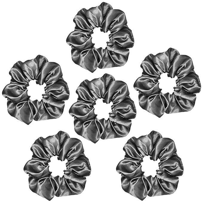 Sufermoe 6 Pcs Satin Silk Hair Scrunchies, Dark Grey (4.5 Inch) - Hair Ties for Women and Girls, Hair Accessories