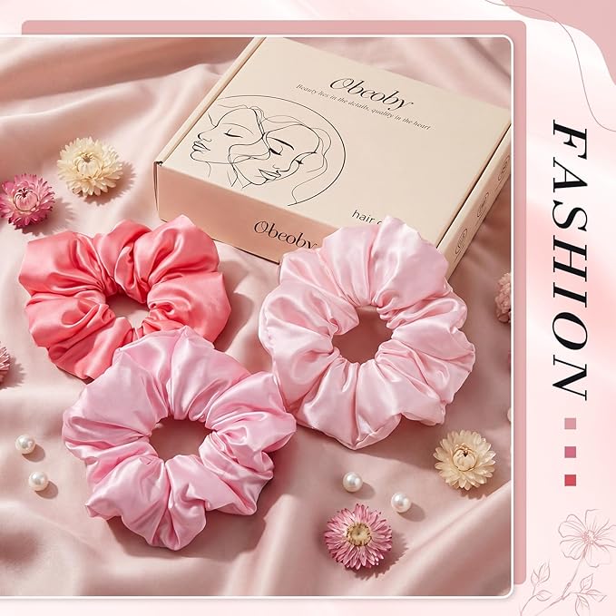 3Pcs Large Satin Hair Scrunchies for Thick Curls, 6Inch Blush Pink Pillow Satin Scrunchies for Girl Summer Pink Outfit No Damage Sleepy Hair Tie