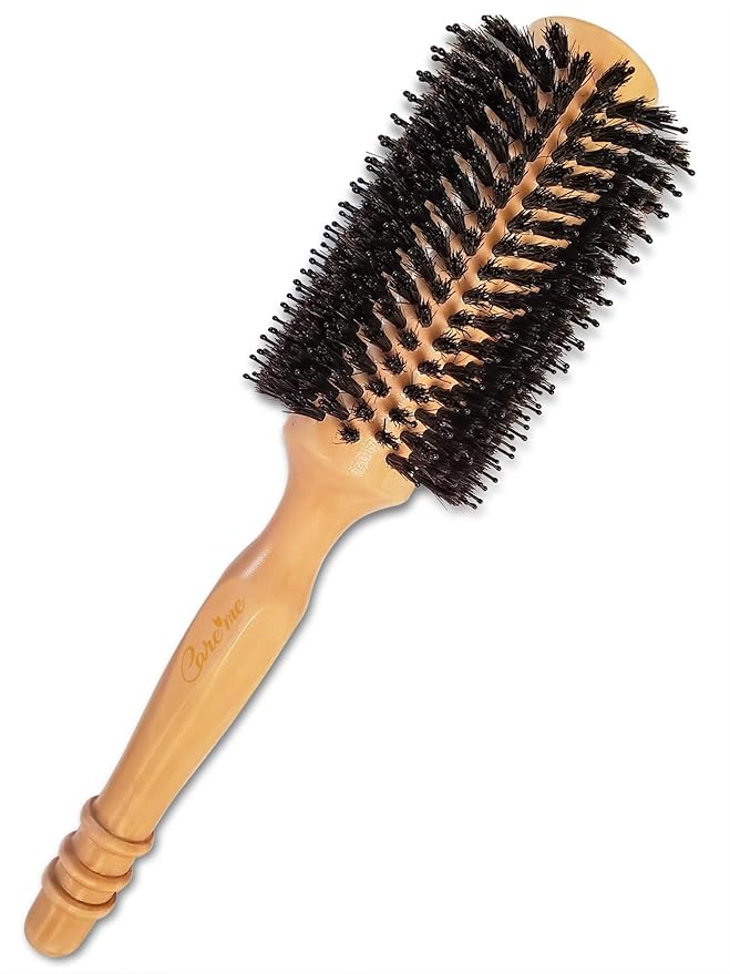High-Density Boar Bristles Wood Round Brush for Blow-Drying, Straightening & Styling Medium to Long Fine or Normal Hair (Shoulder to Back-Length) for Shine & Volume, 1.2" Roller, 2.4" with Bristles