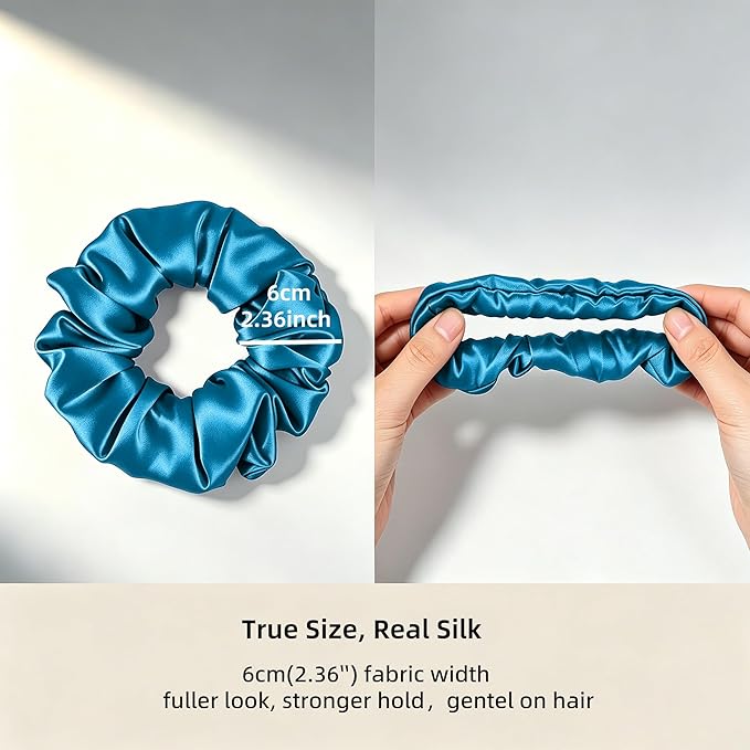 ZLYC 100% Mulberry Silk Hair Tie Scrunchie 19 Momme Gentle Creaseless Dent-Free Ponytail Holder for Women, 6cm Solid Peacock Blue