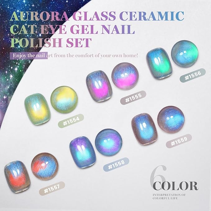 RARJSM Aurora Glass Ceramic Cat Eye Gel Nail Polish Set 6pcs Duo Color Universal Green Blue Purple Pink Orange Red Glitter Pearl Shell Mermaid Cateye Effect with Magnet Stick Curing Requires