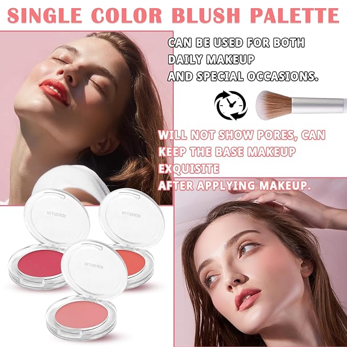 3Pcs Blush Palette for Cheeks with Make Up Brush,Face Matte Contour Blush Makeup Palette,Buildable Shimmer Facial Cheek Blusher Shades,Blendable Cosmetic Makeup Blush A