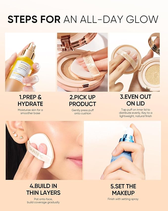 SKINTIFIC Full Coverage Cushion Foundation #22C Peach Beige| Satin Glow Finish, Oil-Control & Waterproof, Buildable Tattoo Cover Cushion for All Skin Types