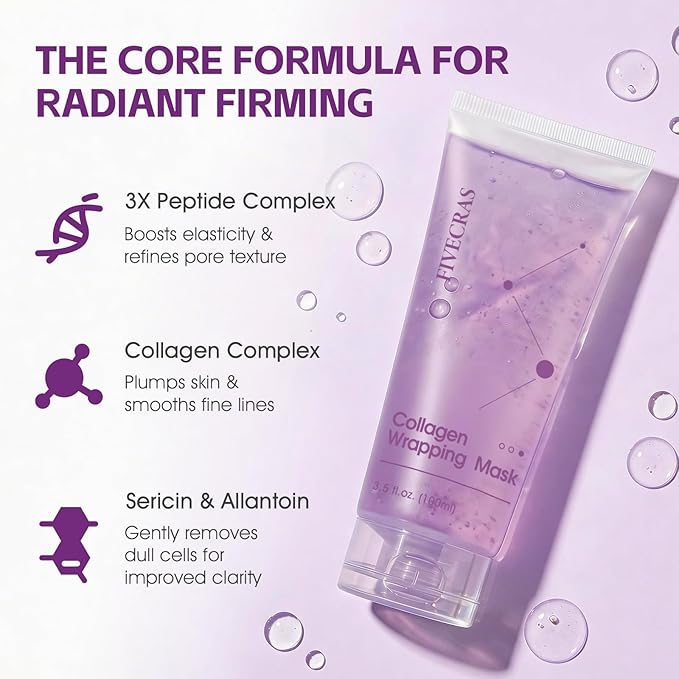 Collagen Night Wrapping Mask - Overnight Peel Off Face Mask for Firming and Pore Tightening, Facials Professional, Hydrating Brightening, Korean Skin Care, 3.5 fl.oz