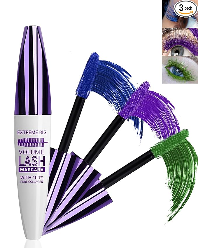 5D Colored Mascara for Eyelashes-3 Colors Blue Purple Green Longlasting Waterproof Mascara Volume and Length,Curling Fiber rimel de pestañas,Women’s Day Cosplay Eye Makeup Gift for Women Girl