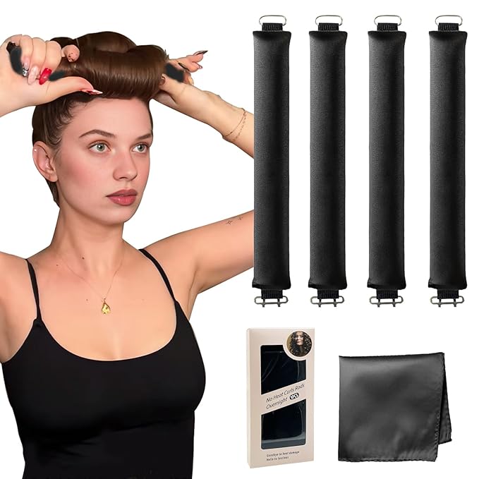 Heatless Curls Overnight, 5 Pcs Heatless Hair Curler to Sleep in Overnight Blowout Rods No Heat Hair Rollers with Scarf - Black