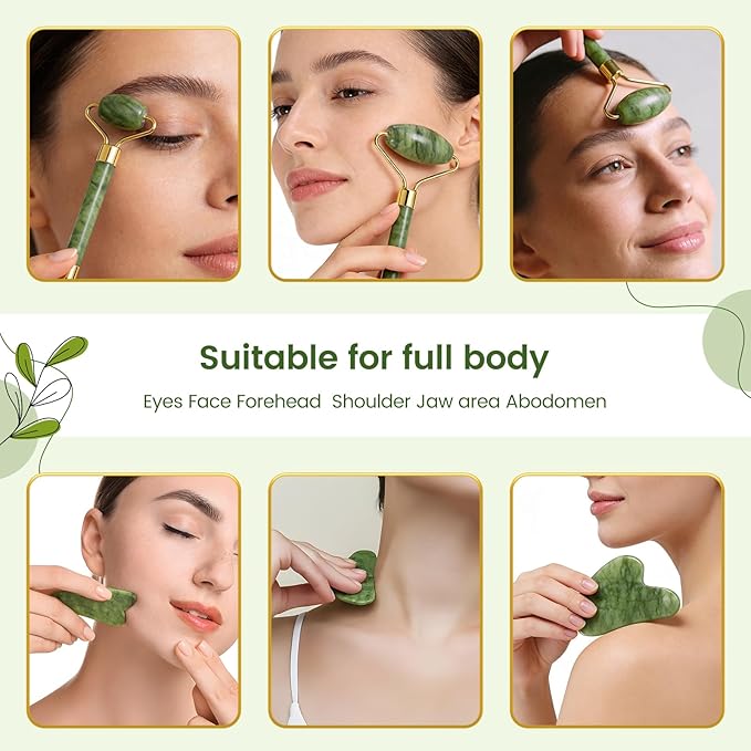 Jade Roller & Gua Sha Set - Natural Jade Face Roller Facial Massage Skincare Tools for Women,Reduce Puffiness and Fine Lines (Forest Green)