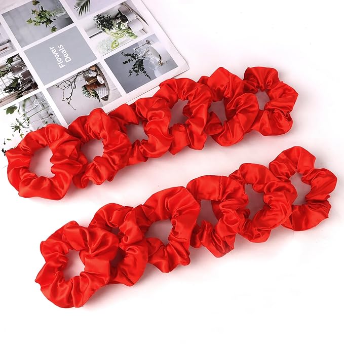 Silk Satin Scrunchies for Women Girls 12 PCS Red Hair Scrunchies Silk Satin Hair Ties for Thick Hair Bulk Hair Ties Hair Accessories