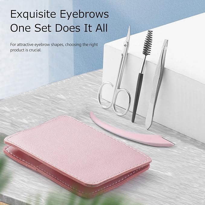 Eyebrow Trimmer Kit, 5-in-1 Set with Eyebrow Scissors, Eyebrow Razor, Tweezer, Brush, and Mirror for Women, Includes Leather Carry-Around Bag (Pink).