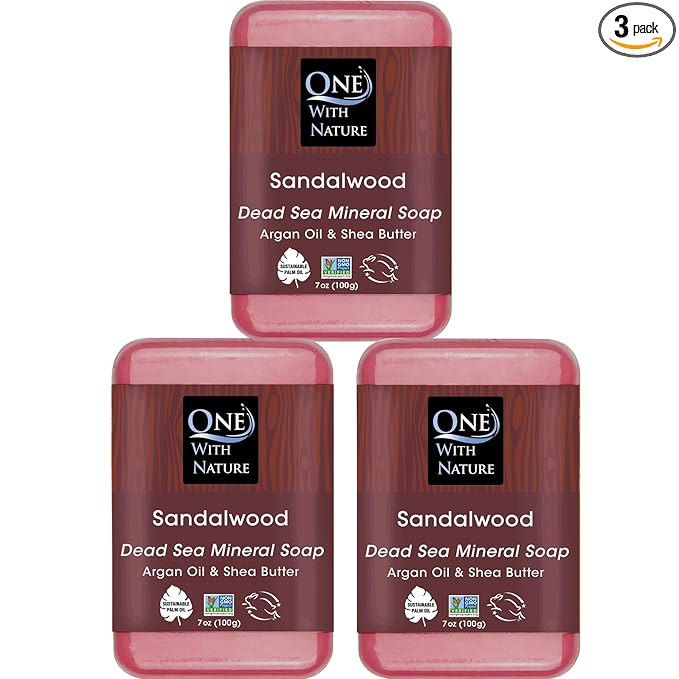One With Nature Dead Sea Salt Sandalwood Soap 7oz 3-Pack – Purifying and Exfoliating Soap Bar with Dead Sea Minerals and Sandalwood for Face & Body, for Men & Women