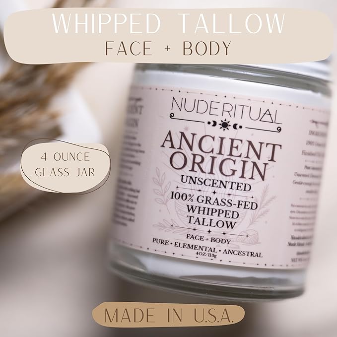 100% Grass-Fed Beef Tallow – Whipped Body Butter Moisturizer for Face & Body – USA Made Natural Lotion Alternative for Dry, Sensitive Skin – 4 oz (Ancient Origin – Unscented)