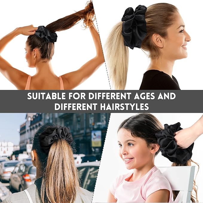 Waydress Big Satin Silk Scrunchies Hair Ties - 6 Pieces 7.2 Inch Satin Elastic Silk Hair Bands Jumbo Gaint Oversize Black Thick Scrunchy Large Ponytail Holder Accessories Gift for Women and Girls