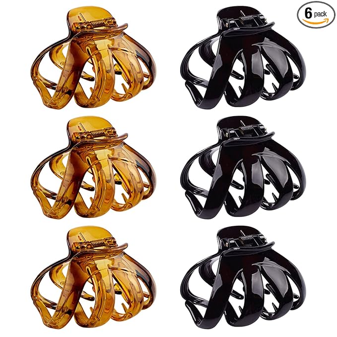 Large Octopus Hair Clips for Thick and All Hair Types, 3.2" Strong Hold Jumbo Hair Jaw Clips for Women and Girls, 6 Packs (Black & Brown)