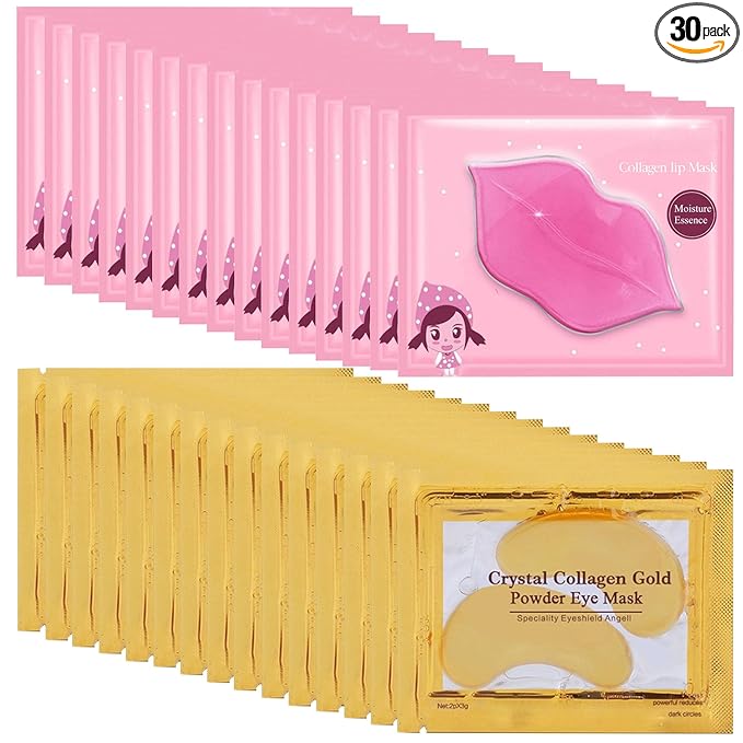 Lip Mask & Eye Mask - 30PCS Under Eye Patches Skincare, Crystal Collagen Hydrating Moisturizing Smoothing Gel Pads for Puffy Eyes Bags,Reducing Fine Lines Dark Circles, Anti-Aging Wrinkles Gold