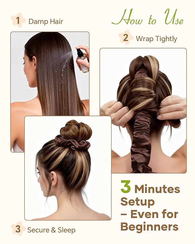 BONNET QUEEN Satin Heatless Hair Curler, Overnight Curls for Long Hair, Ultra Soft Daily Use of Hair Accessories & 2 Scrunchies, Damage-Free Styling, Soft Hair Curlers for Overnight, Brown