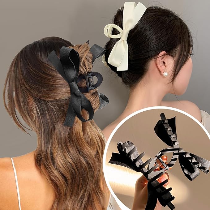 Sizobi Bow Claw Clips, Bow Hair Clips White Hair Bows, Hair Accessories for Women, Extra Large Black Barrettes, Scrunchies for Thin Thick Curly Hair