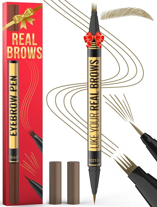 Microblading Eyebrow Pen - 2-in-1 Dual-Ended Eyebrow Pencil with Micro-Fork Tip & Precise Brush-Tip for Natural, Long Lasting Brows - Light Brown