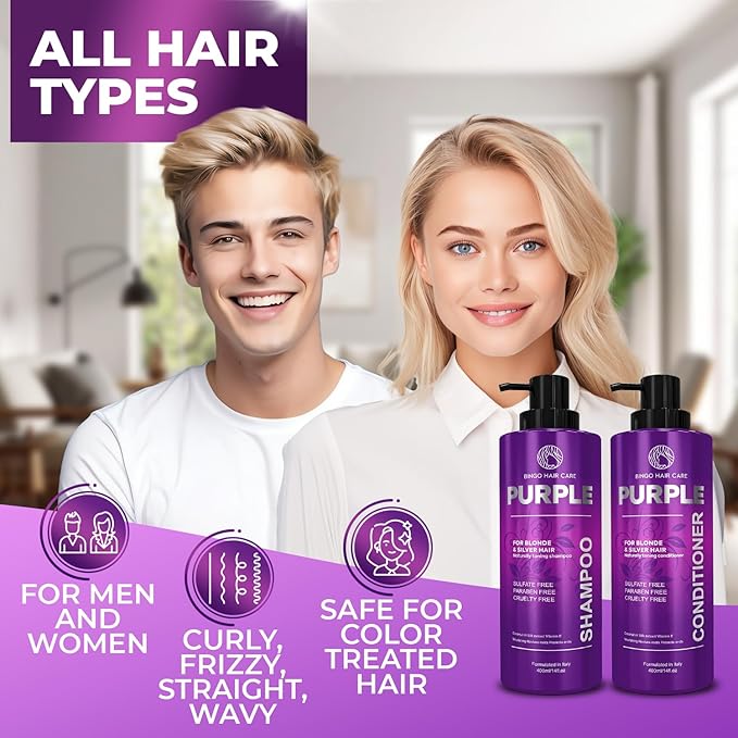 Purple Shampoo and Conditioner Set - Sulfate Free Formula for Women and Men - For Toning and Balancing Brassy, Blonde, Silver and Gray Hair - 14 Fl Oz (Set of 2)