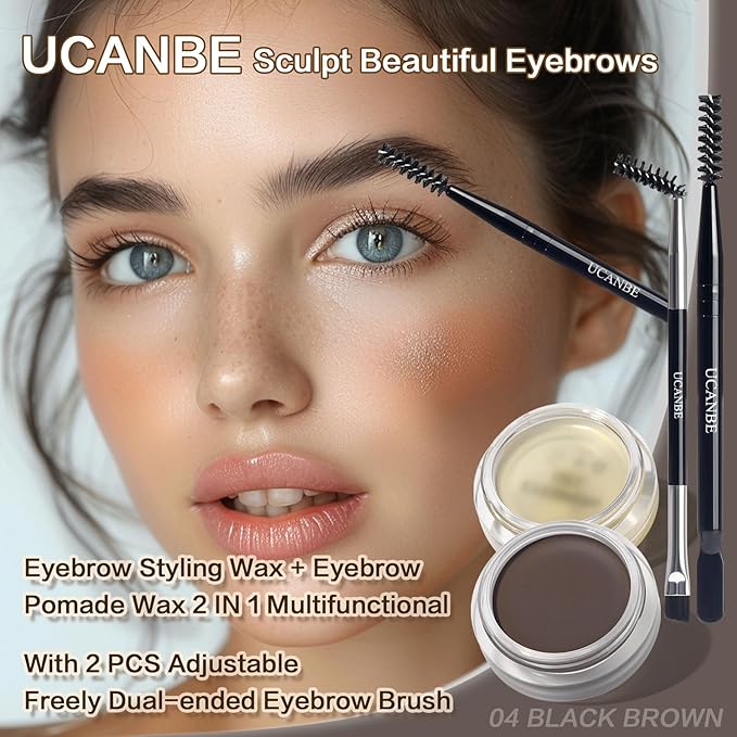 UCANBE Waterproof Eyebrow Gel + Eyebrow Styling Wax 2 in 1 Makeup Kit with 2 Pcs Dual-ended Adjustable Freely Eyebrow Brush Makeup Long Lasting Eyebrows (04 Gel/Black Brown Pomade, Standard)