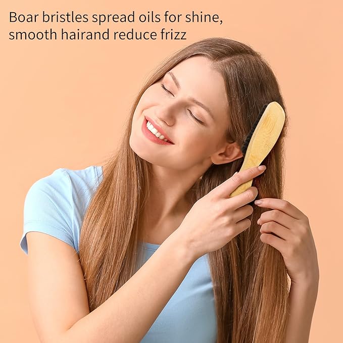 Boar Bristle Slick Back Hair Brush for Women, Smoothing Hair, Anti Frizz, Edge Control, Bamboo Hairbrush for All Hair Style-Regular