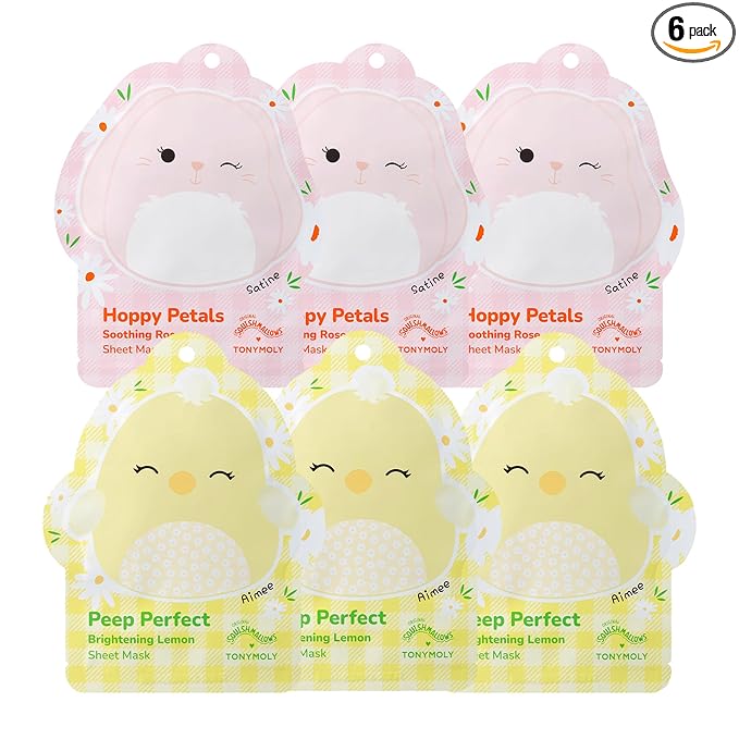 TONYMOLY x Squishmallows Sheet Mask Set (6 Pack), Hydrating & Brightening K-Beauty Masks, Cute Skincare Gift Set for Teens, Spa Night & Self-Care