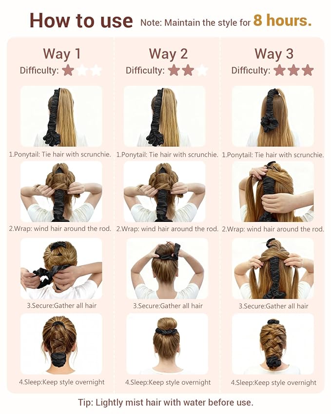 BONNET QUEEN Satin Heatless Hair Curler, Overnight Curls for Long Hair, Ultra Soft Daily Use of Hair Accessories & 2 Scrunchies, Damage-Free Styling, Soft Hair Curlers for Overnight, Black