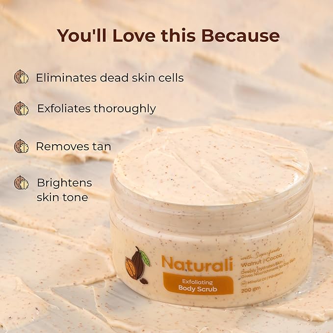 Naturali Exfoliating Body Scrub With Walnut & Cocoa | Deeply Hydrates Skin | Nourishes Dry Skin | Paraben & Mineral Oil Free | 200g