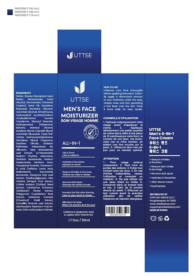 Uttse 6-in-1 Mens Face Moisturizer: Face Cream for Men - Reduce the Look of Eye Bags, Dark Circles, and Puffiness - Skin Care for Men - 1.7 fl oz - Made in Korea