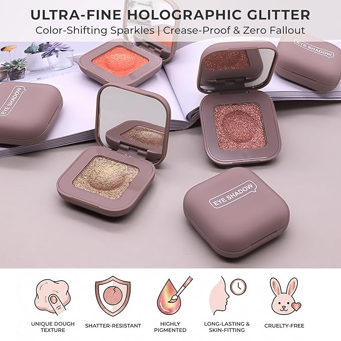 Duochrome Glitter Eyeshadow, Ultra-Fine Color Shifting Metallic Shimmer, High Pigment Holographic Single Eye Makeup, Long Lasting & Buildable Eye Shadow (#1 Champagne Pink)