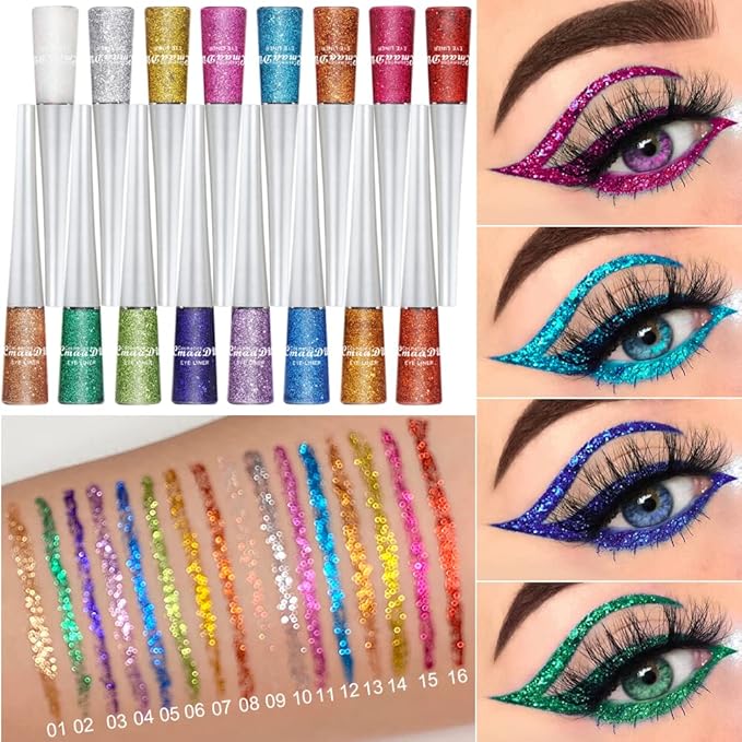 16 Colors Glitter Eyeliner Liquid Set, Metallic Glitter Liquid Eyeshadow, Waterproof Long Lasting White Silver Rose Gold Pink Colorful Rainbow Eyeliners Gifts Mother's Day for Women