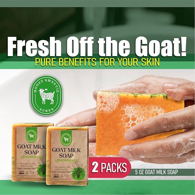 Honey Sweetie Acres 2-Pack Lemongrass Goat Milk Soap - Handmade 5 oz Bar, Made with Natural Ingredients, Moisturizing & Gentle, Made in the USA