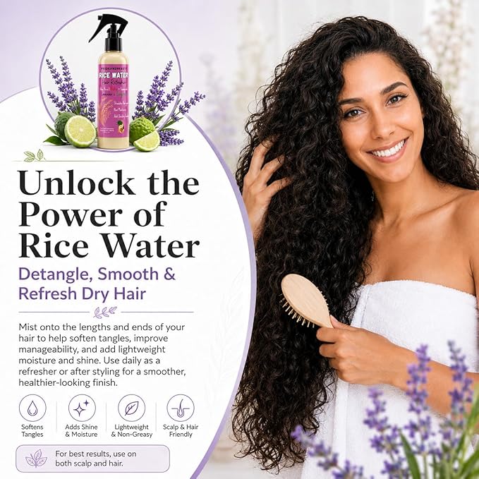 NEW Fermented Rice Water for Hair Growth - Infused with Rosemary, Biotin, Caffeine, Keratin Vegan Non-Greasy Spray Naturally Thicker, Longer, Softer Men & Women (8 OUNCES, Lavender Bergamot)
