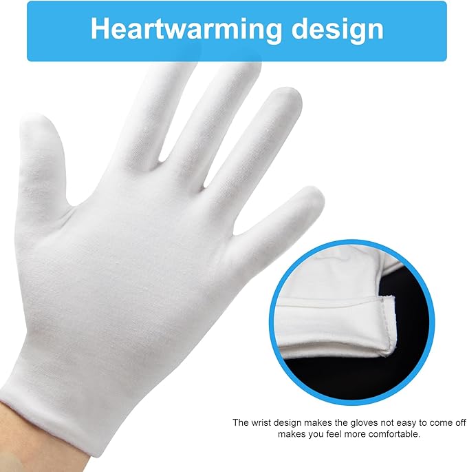 White Gloves, 6 Pairs(12 Pcs) Thinck Cotton Gloves for Dry Hands Sleeping, Moisturizing Gloves Spa Eczema Overnight, Work Gloves for Coin Jewelry Service