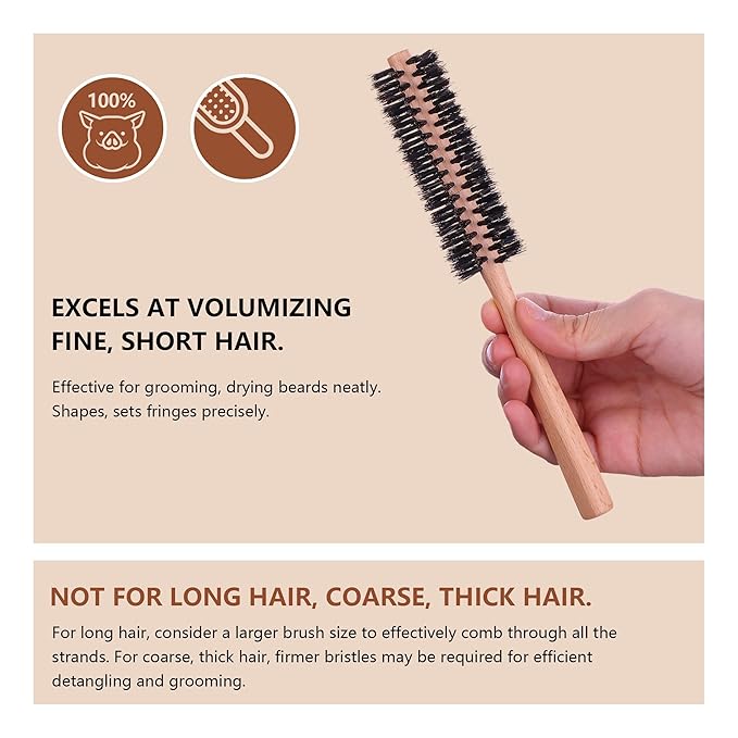 PERFEHAIR Small Round Brush - Boar Bristle for Short Hair, Portable & Effective for Fine, Thinning Hair & Beard Styling