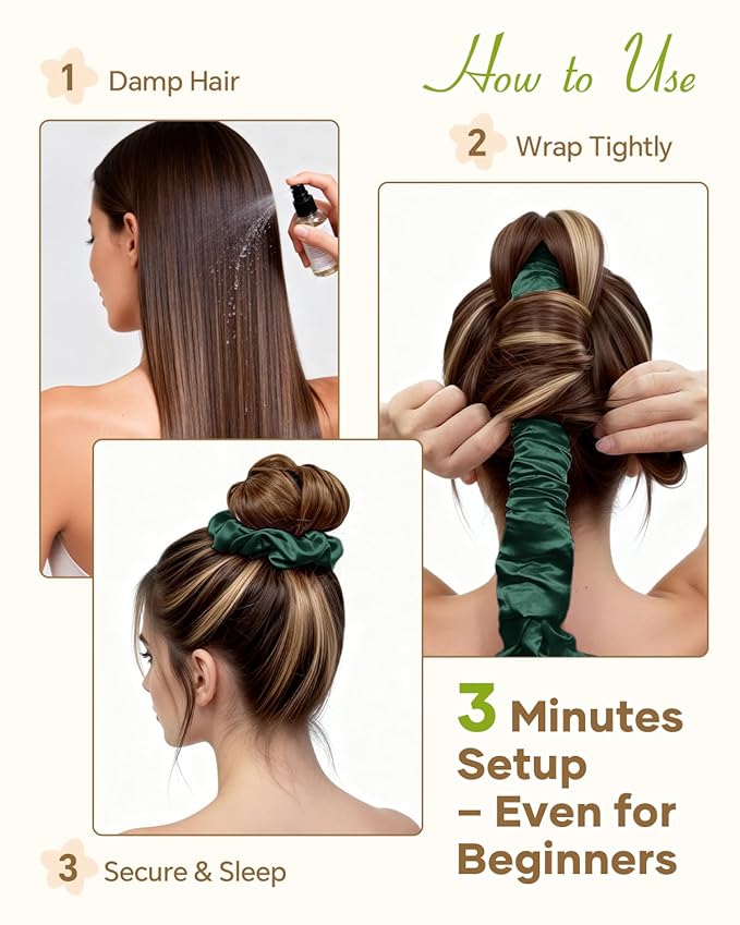BONNET QUEEN Satin Heatless Hair Curler, Overnight Curls for Long Hair, Ultra Soft Daily Use of Hair Accessories & 2 Scrunchies, Damage-Free Styling, Soft Hair Curlers for Overnight, Dark Green
