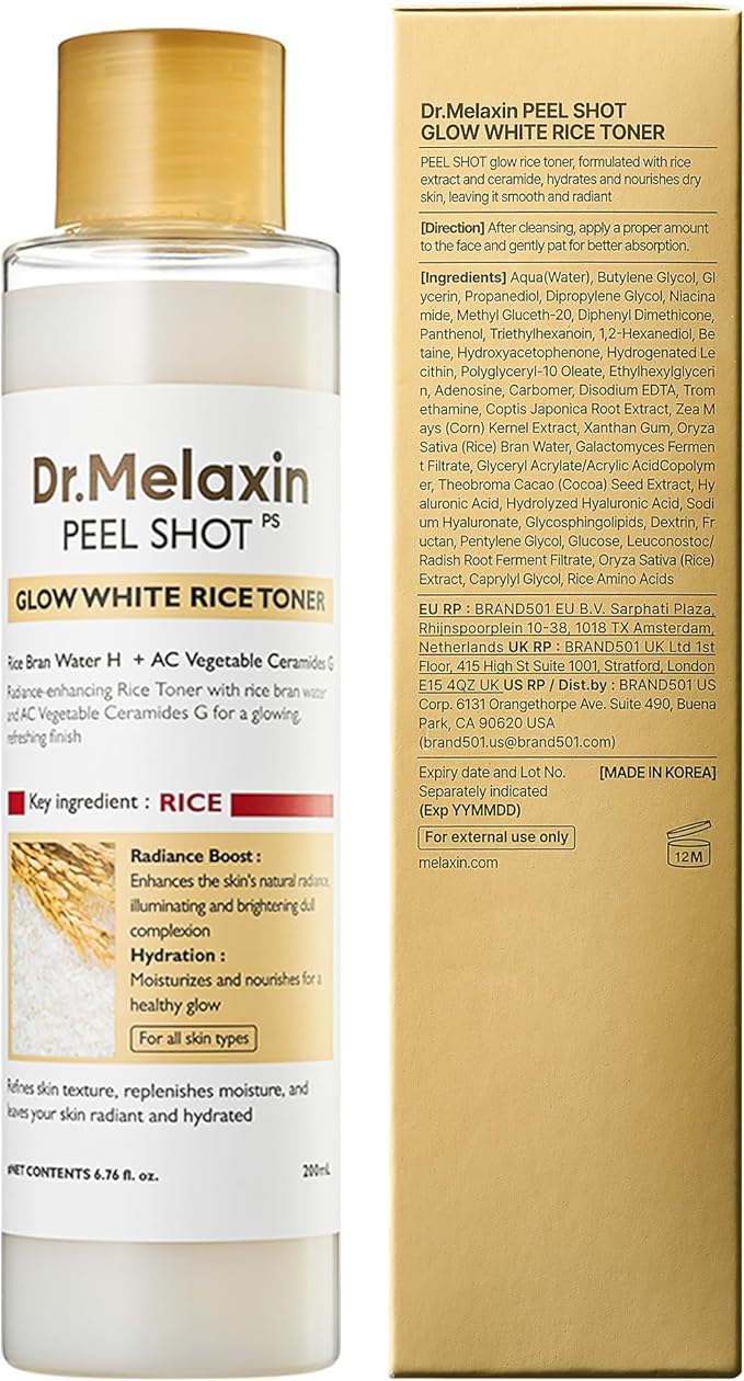 Dr.Melaxin Peel Shot Glow Rice Toner with Rice Extract & Ceramides, Hydrating & Skin Refining Face Toner for Glass Skin, Liposome Oil for Deep Moisture & Barrier Care, Korean Skincare, 6.76 fl.oz