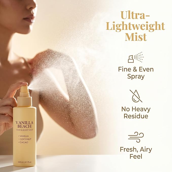 Vanilla Beach Hair and Body Mist - Vanilla Coconut Scented Personal Care Spray, Lightweight Daily Refresh Mist for Hair and Skin - 8.11 fl oz (3pcs)