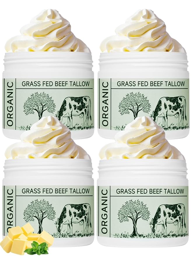 Beef Tallow, Beef Tallow for Skin, Moisturizer for Dry Skin, Unscented Beef Tallow Blam Grass Fed Whipped Tallow Face Cream Nourishing Soothing Moisturizer Body Lotion Skin Care, 4 Packs