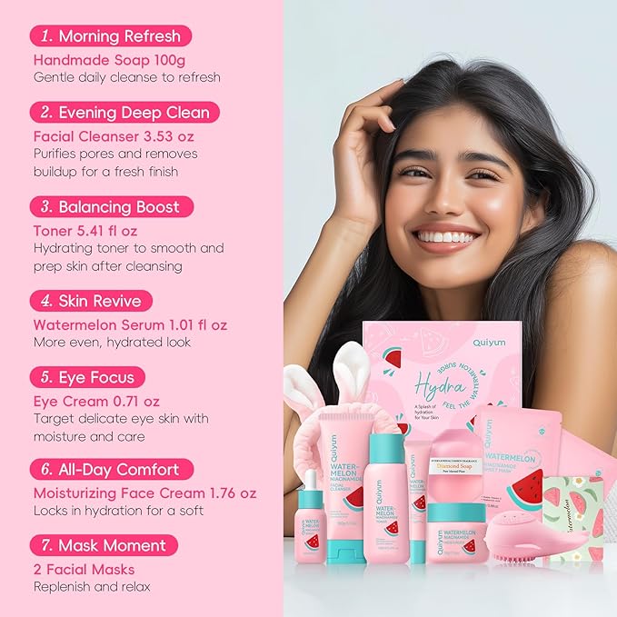 QUIYUM Watermelon Skin Care Kit for Teens Girl, 8 Daily Routine Beauty Skincare- Gift Set with Cleanser, Toner, Eye Cream, Moisturizer, Serum, Facial Mask, Soap, Hydrate, Oil Control, Glow, Smooth