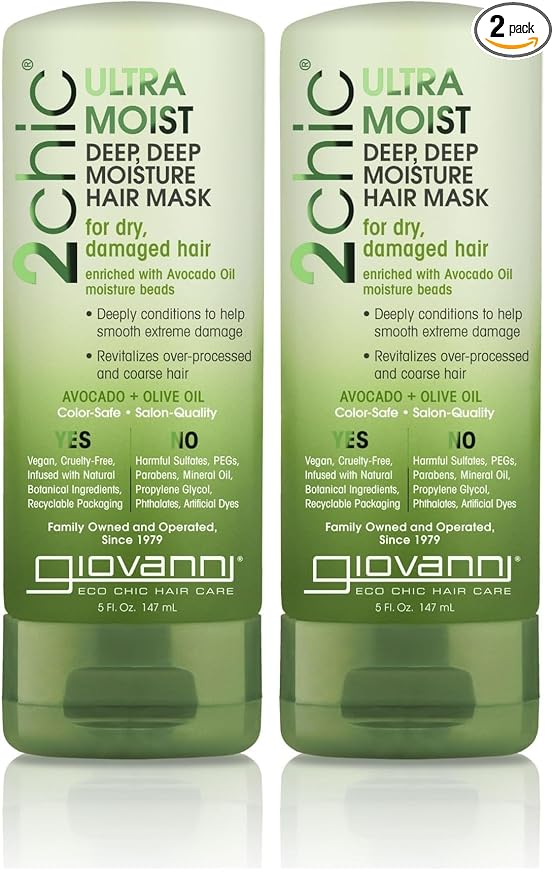 GIOVANNI Ultra-Moist Deep, Deep Moisture Hair Mask - Avocado & Olive Oil, Creamy Hydration Formula, Enriched with Aloe Vera, Shea Butter, Botanical Extracts, No Parabens, Color Safe - 5 oz (Pack of 2)