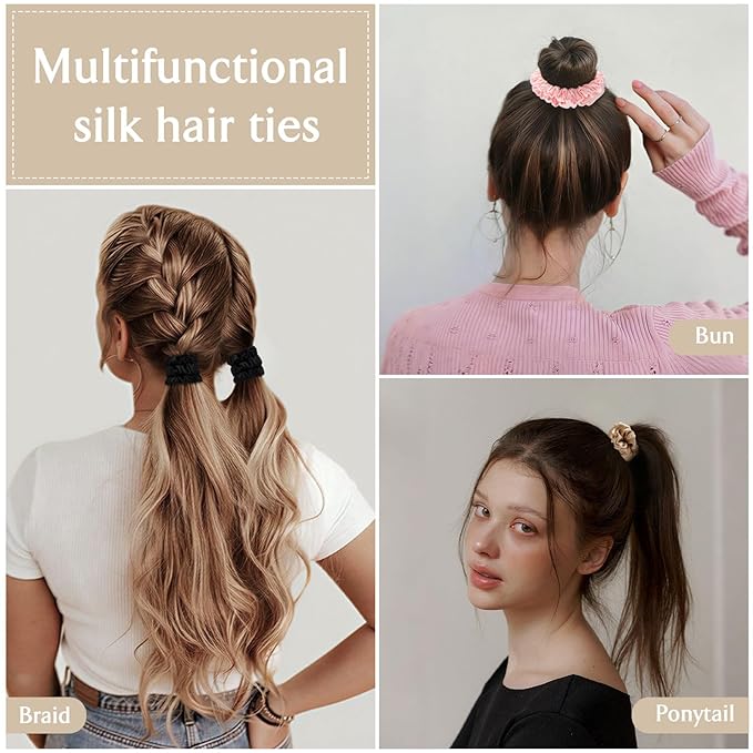 Scrunchies Hair Ties Silk Satin Scrunchy, WantGor Women 4PC Pure Mulberry Silk Skinny Elastic Scrunchies Hair Bands Bracelets Ponytail Holders Hair Accessories (Champagne,Pink,Black*2)