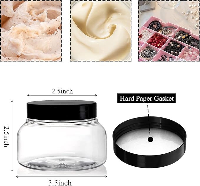Yarlung 16 Pack 8 Oz Plastic Jars with Lids, Clear Body Scrub Containers Empty Refillable Containers Round Low Profile Samples Jars for Makeup, Body Butter, Creams, Slime, Travel Storage