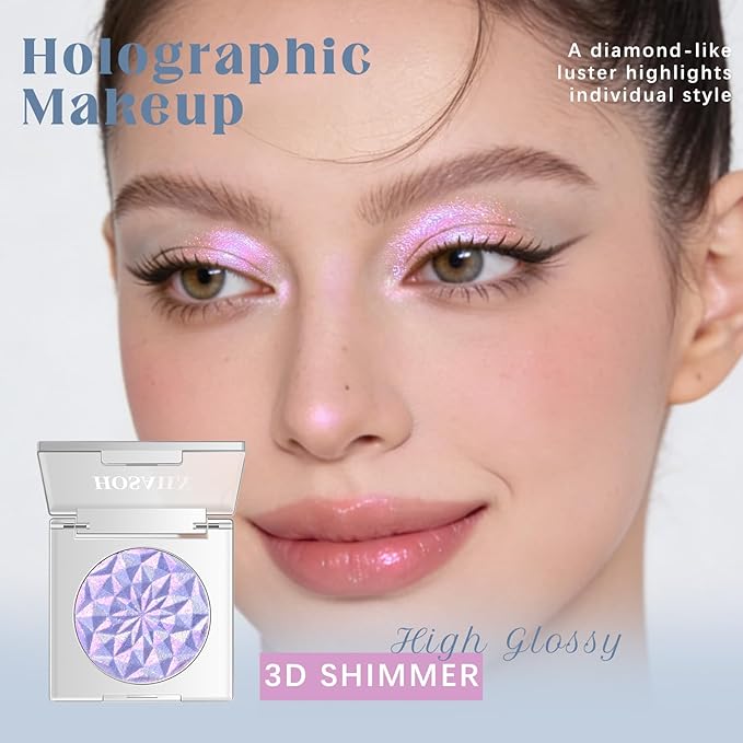 HOSAILY Chameleon Purple Blue Glitter Eyeshadow, Duochrome Color Shifting Metallic Lavender Eyeshadow, Holographic Sparkling Pink Inner Corner Iridescent Shimmer Eye Highlighter Makeup Palette 02