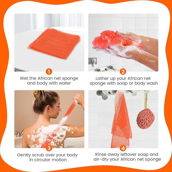 ZOCY African Net Sponge, Authentic Exfoliating Body Scrubber for Bath and Shower, Multiple Textures with Gentle Deep Exfoliating and Rich Lather for All Skins (Orange)