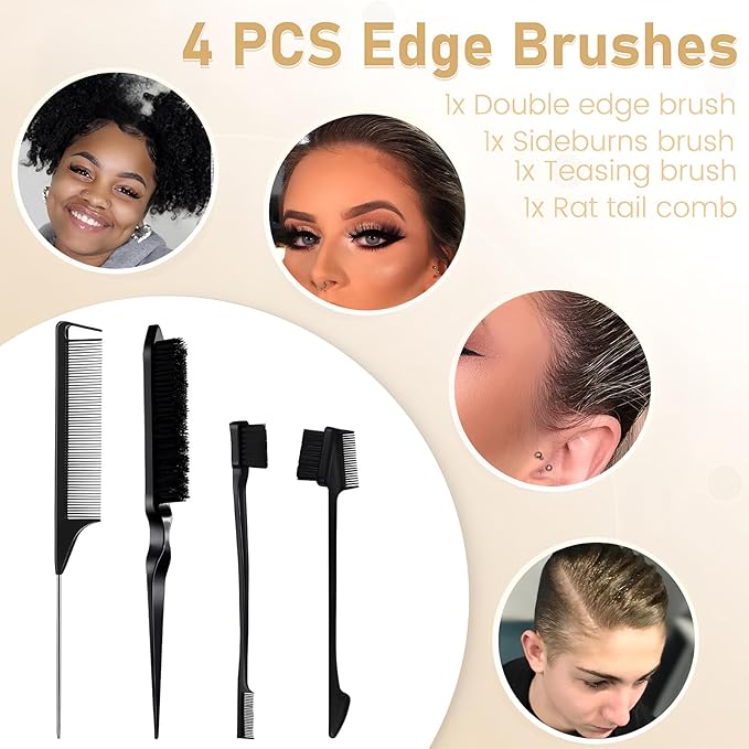Hair Wax Stick for Wigs + 4 PCS Edge Brushes Hair Styling Comb Set, Edge Control Slick Stick Hair Pomade 2.7Oz Stick Non-greasy Styling Wax, Long Lasting, Strong Hold Temporary Hair Product