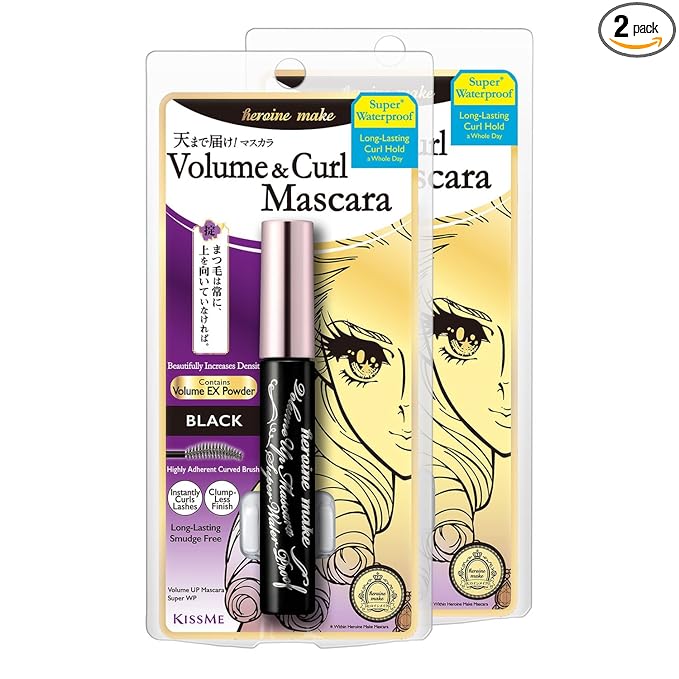 HEROINE MAKE by KISSME Volumizing Waterproof Mascara & Length by Defining Fiber for Long-lasting Natural Eyelash Look | Smudge Proof Mascara & Curvy Brush for Eye Makeup, from Japan, Black, 2 EA