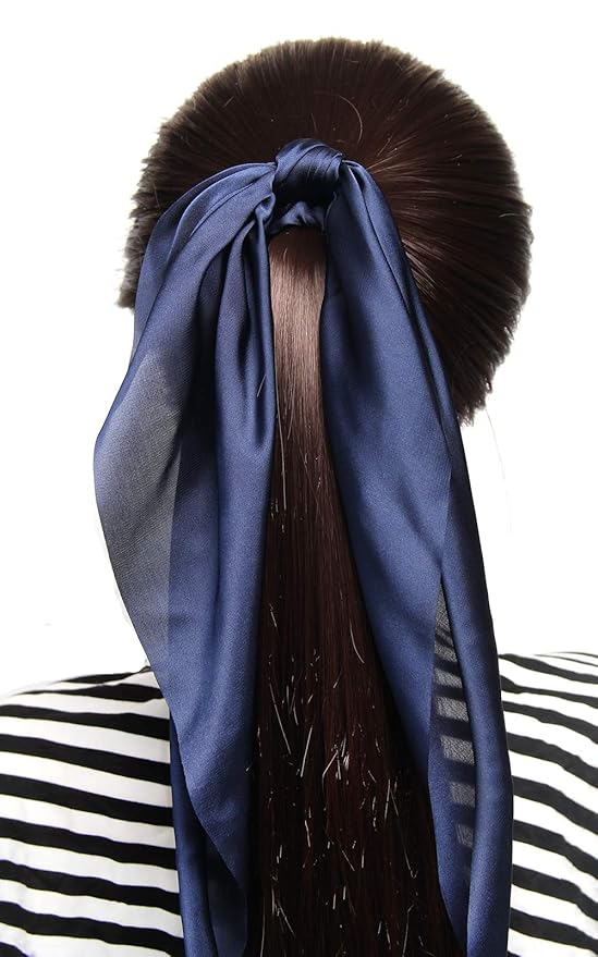 Pack of 2 Knotted Bow Hair Scrunchies Elastic Hair Scarf Black Hair Ties Bands Satin Hair Ribbon Scrunchy Red Ponytail Holder for Women and Girls (Navy blue)